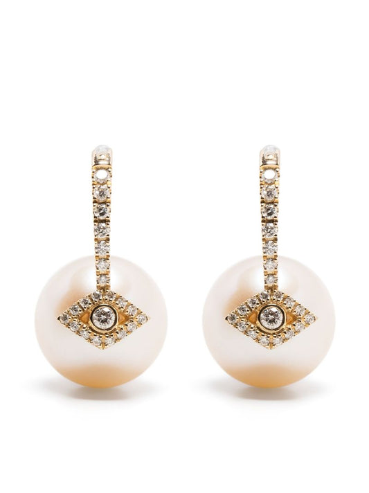 14k Yellow Gold Evil Eye Pearl and Diamond Earrings
