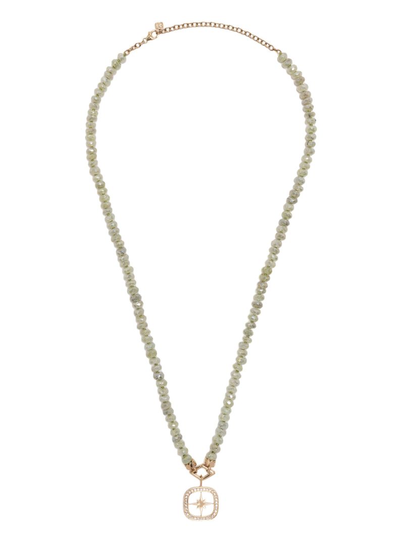 14k Yellow Gold Starbust Prehnite and Diamond Neckalce
