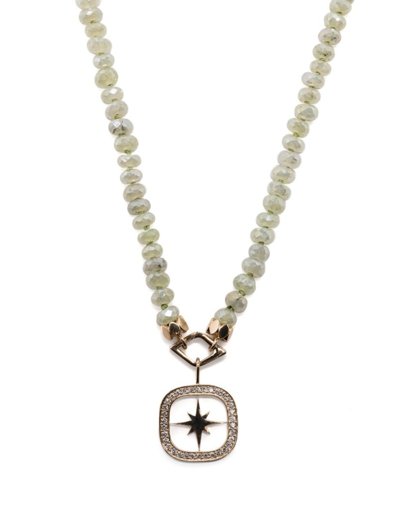 14k Yellow Gold Starbust Prehnite and Diamond Neckalce