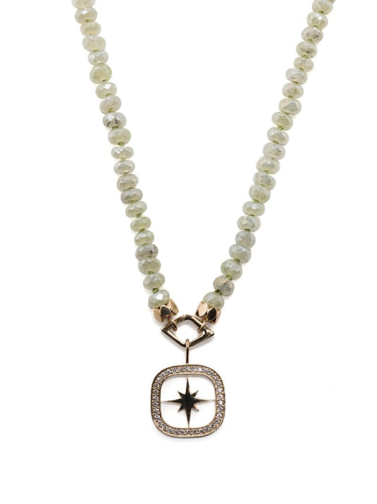 14k Yellow Gold Starbust Prehnite and Diamond Neckalce