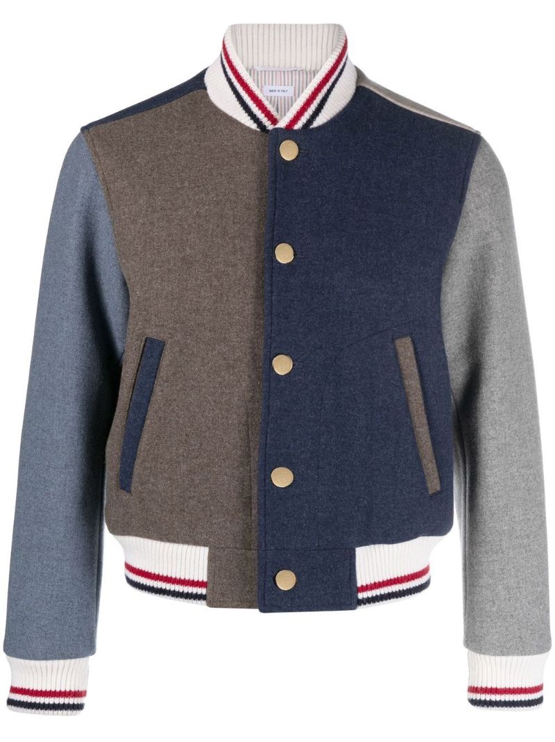 Blue Colourblock Wool Bomber Jacket
