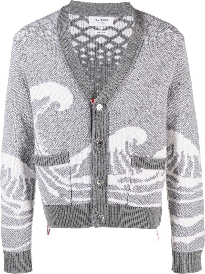 Grey Wave Intarsia Wool Cardigan