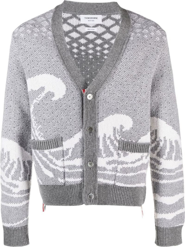 Grey Wave Intarsia Wool Cardigan