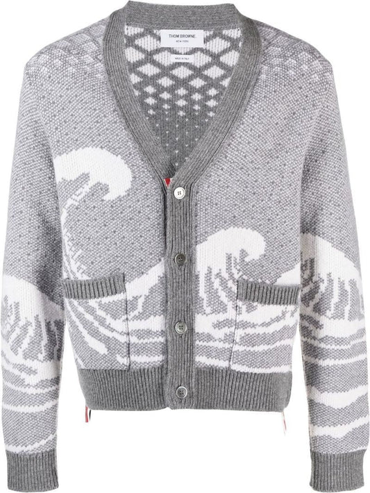 Grey Wave Intarsia Wool Cardigan