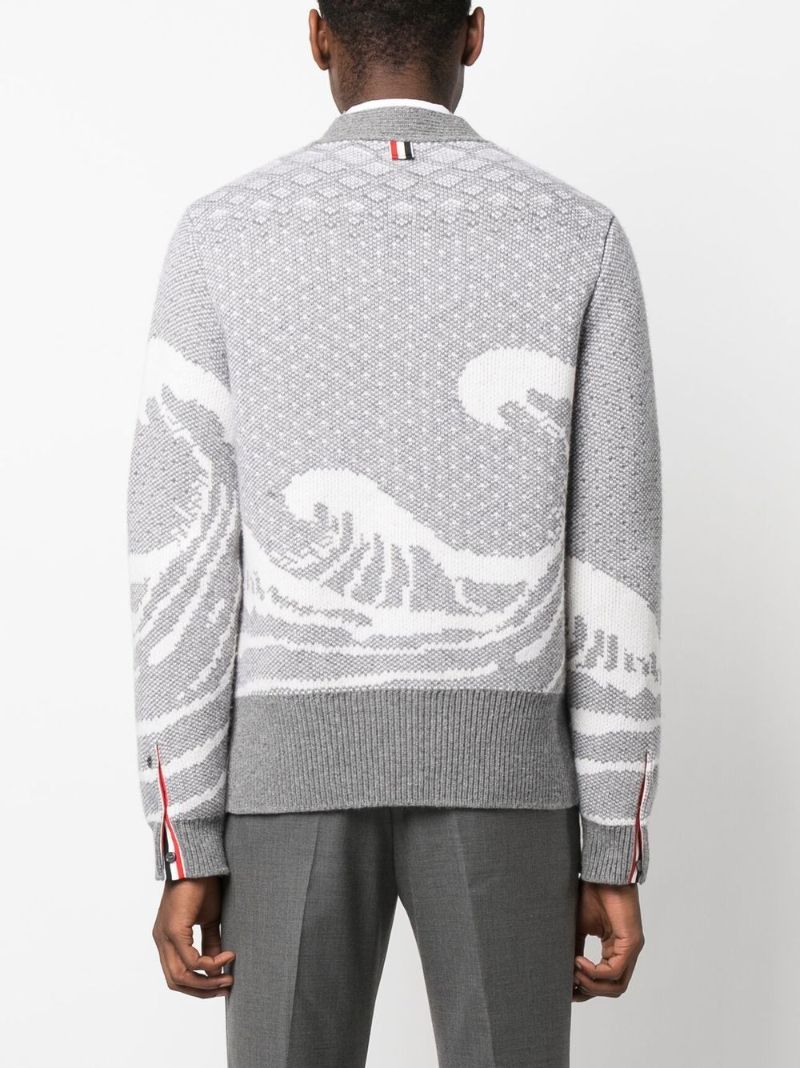 Grey Wave Intarsia Wool Cardigan