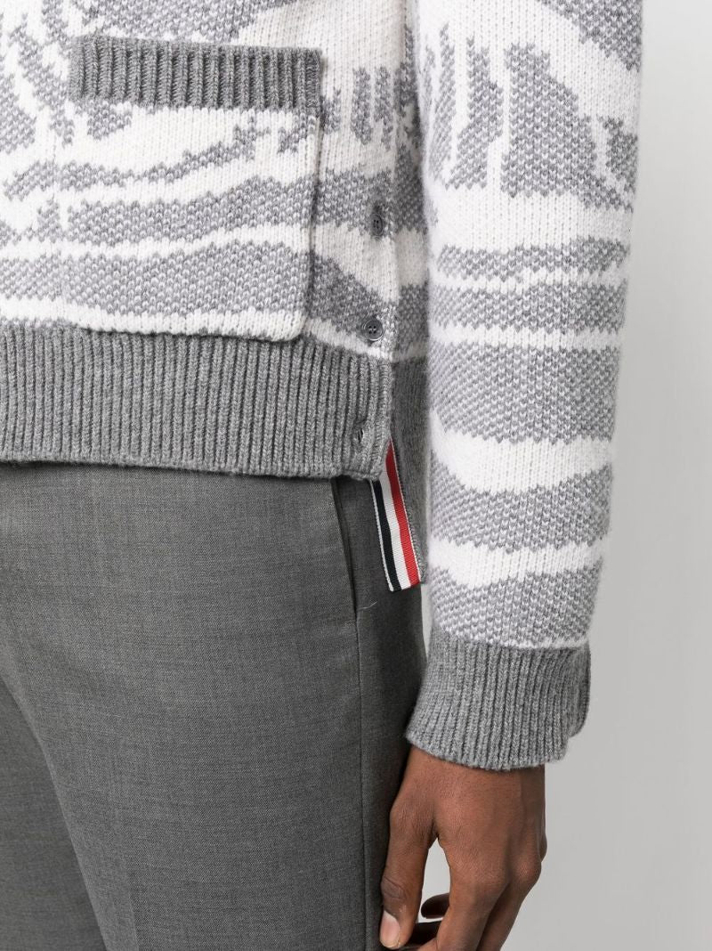 Grey Wave Intarsia Wool Cardigan
