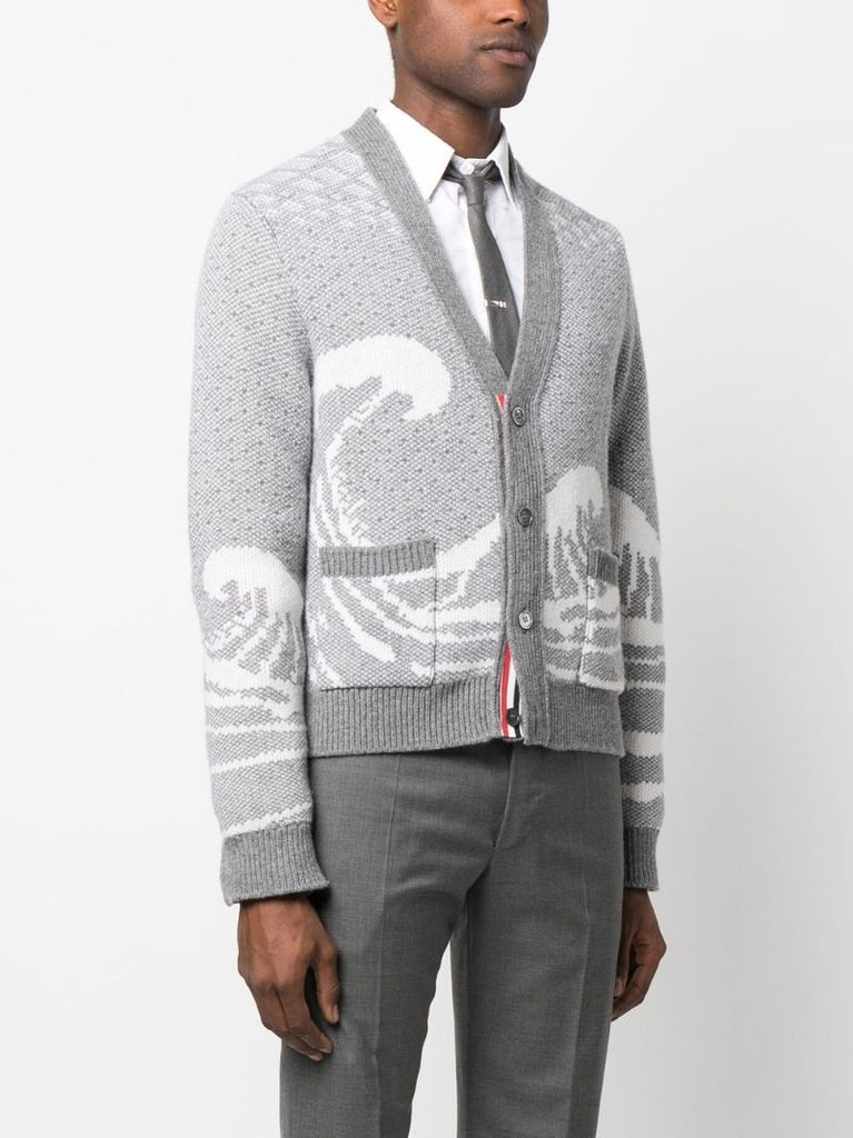 Grey Wave Intarsia Wool Cardigan
