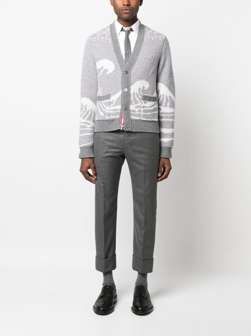 Grey Wave Intarsia Wool Cardigan