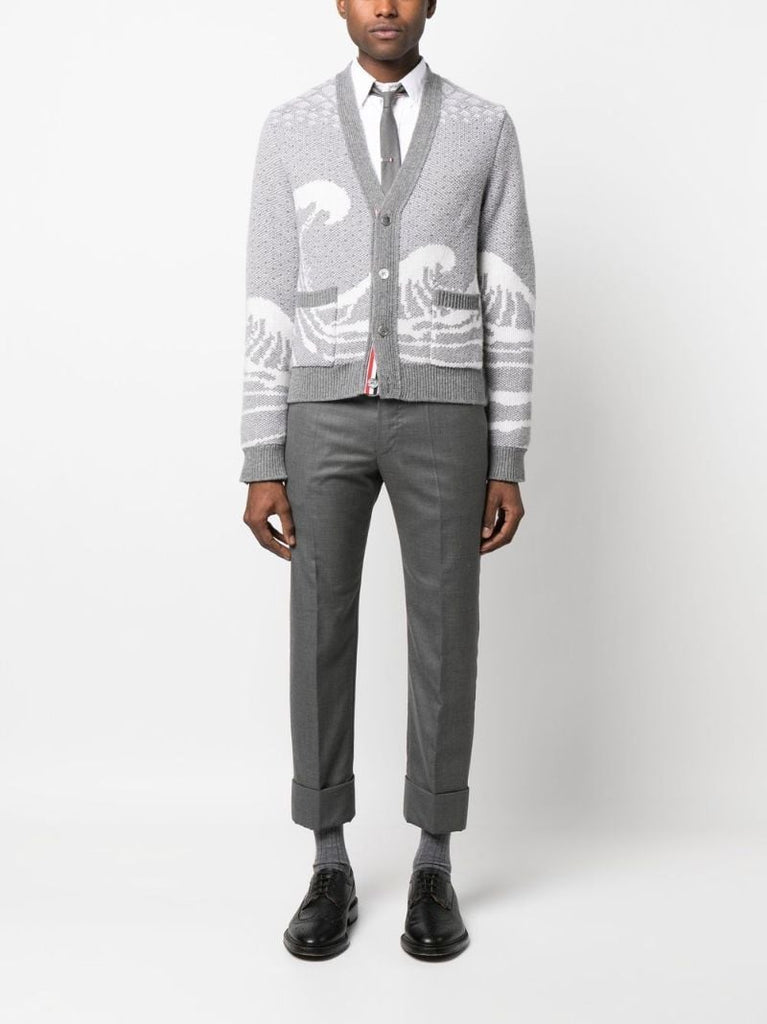 Grey Wave Intarsia Wool Cardigan