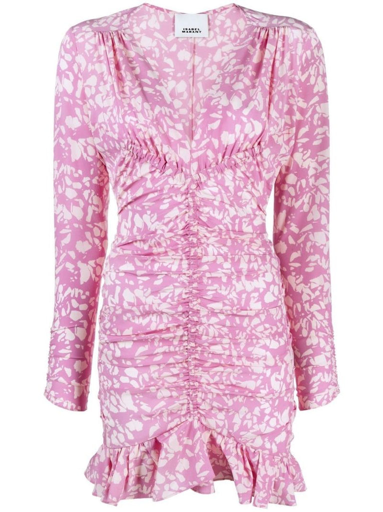 Pink Ruched Printed Mini Dress
