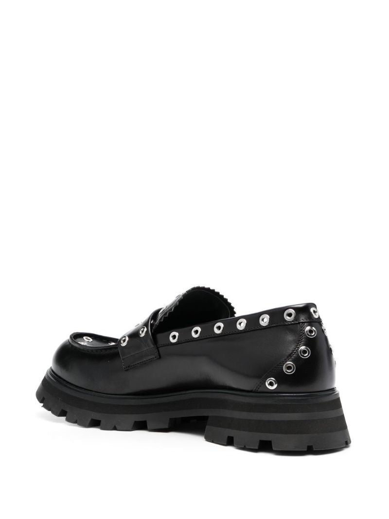 Black Eyelet-embellished Leather Loafers