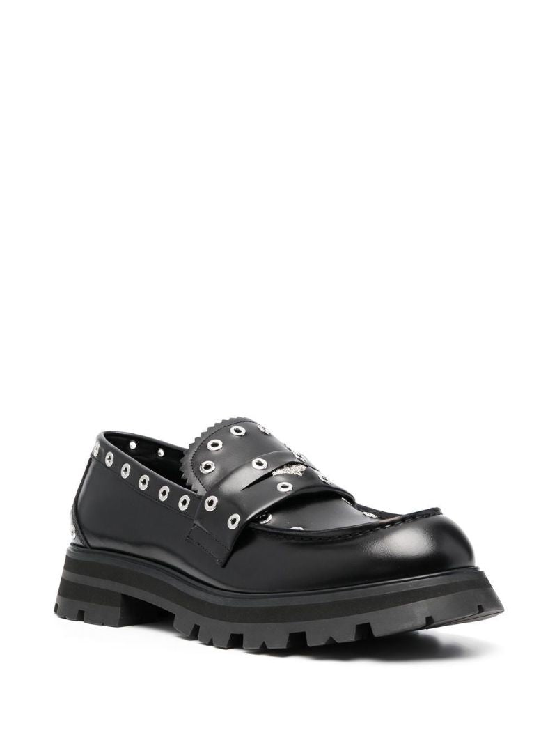 Black Eyelet-embellished Leather Loafers
