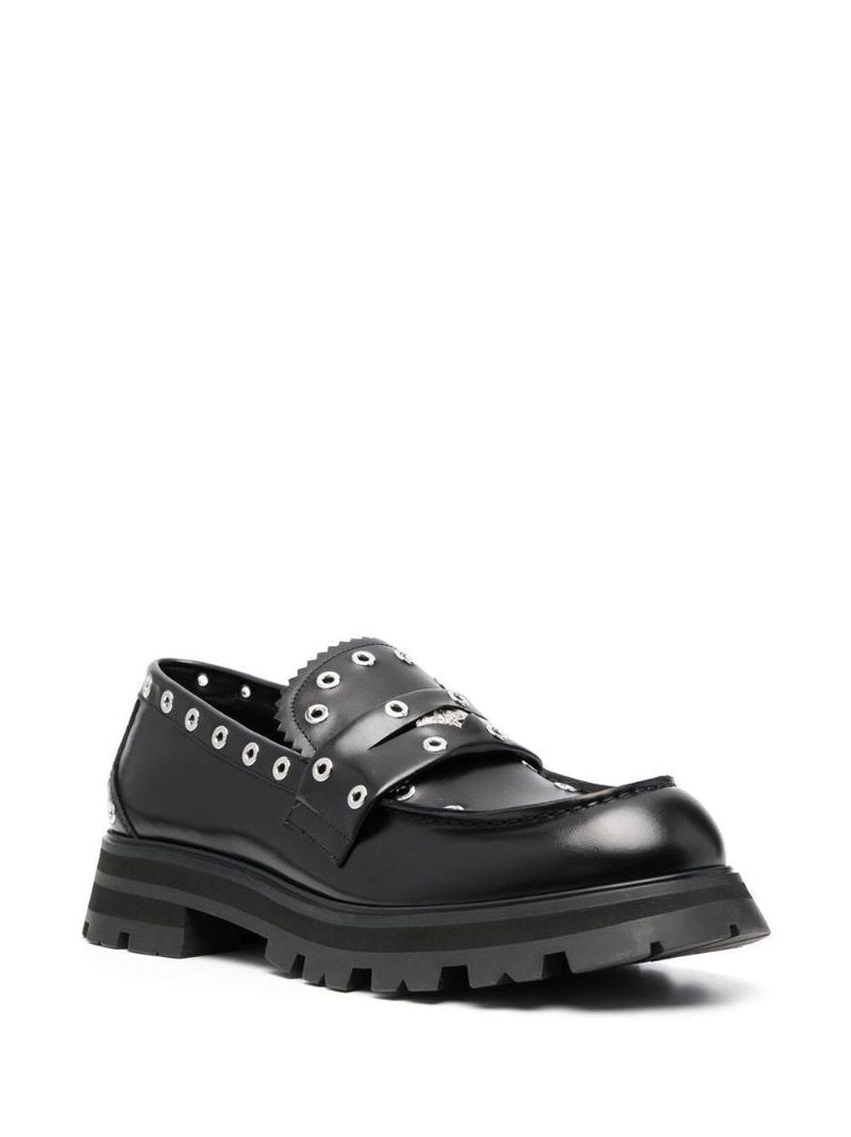 Black Eyelet-embellished Leather Loafers