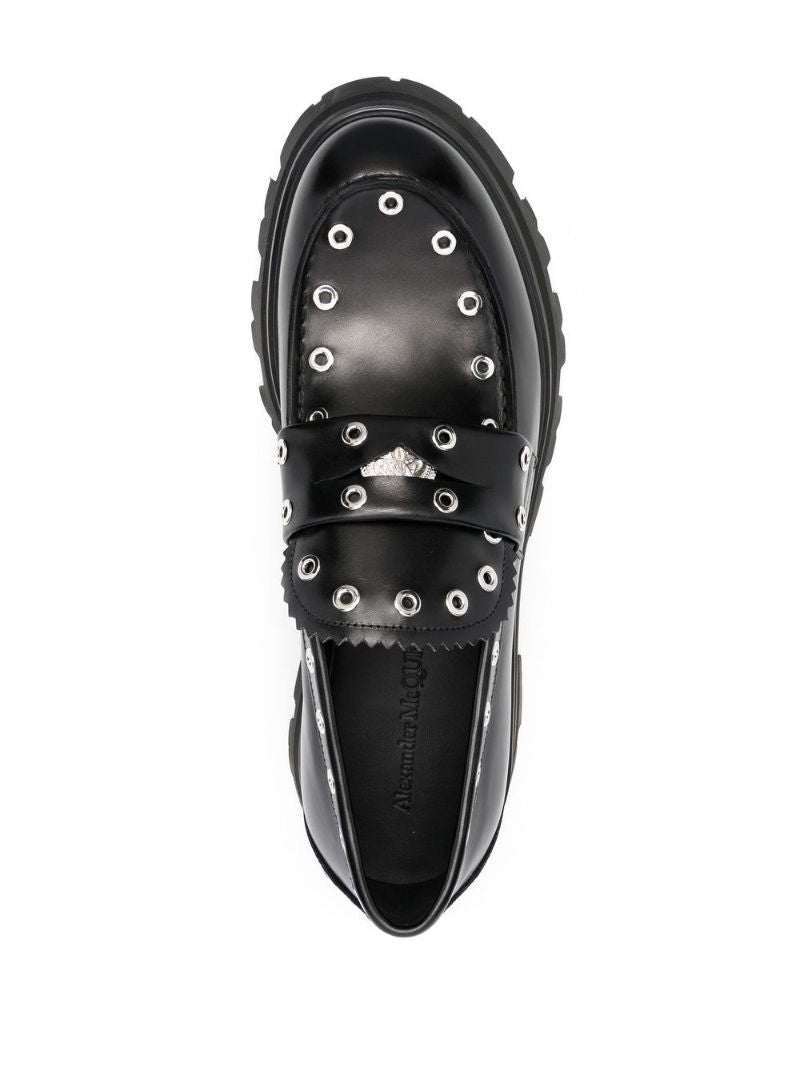 Black Eyelet-embellished Leather Loafers