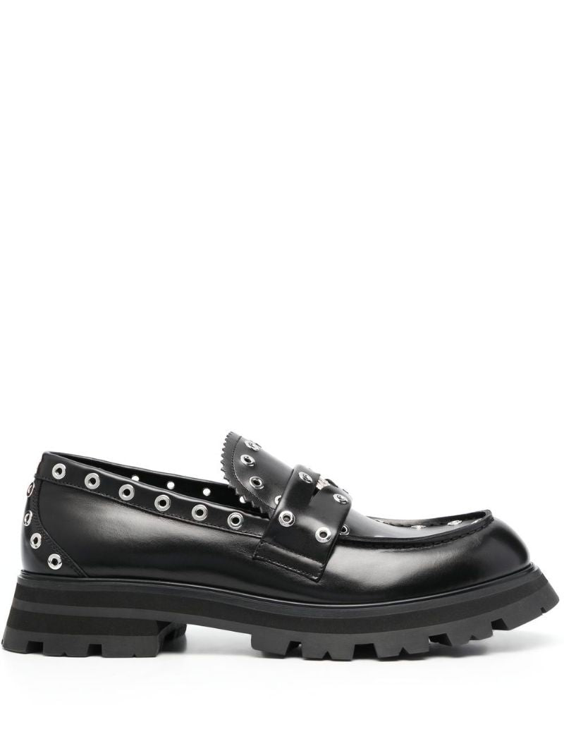 Black Eyelet-embellished Leather Loafers