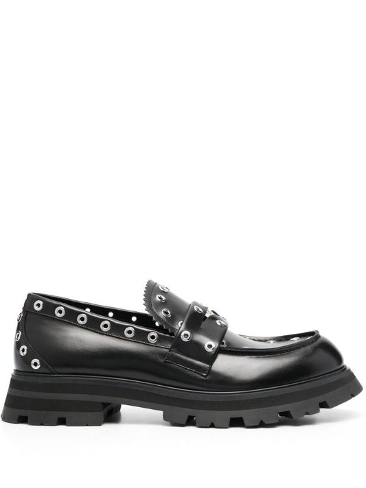 Black Eyelet-embellished Leather Loafers