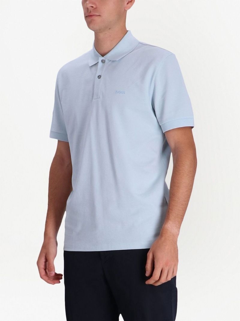 Blue Logo Embroidered Cotton Polo Shirt
