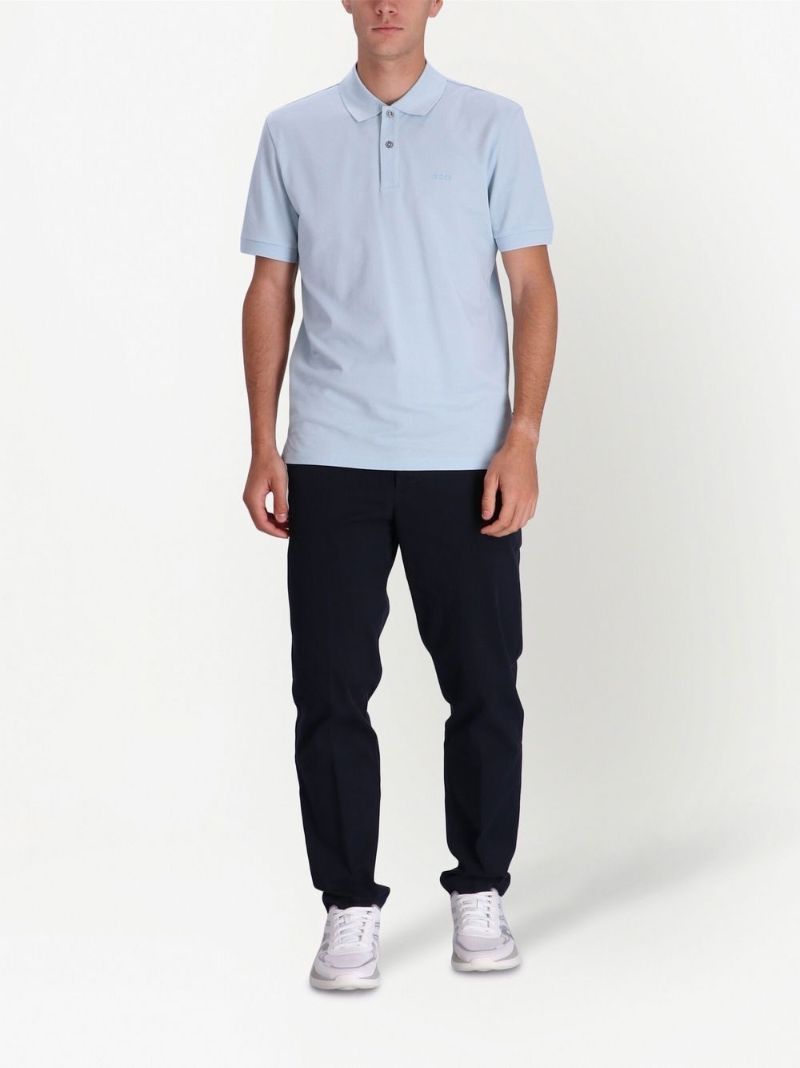 Blue Logo Embroidered Cotton Polo Shirt
