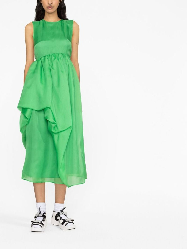 Green Fang Draped Silk Midi Dress