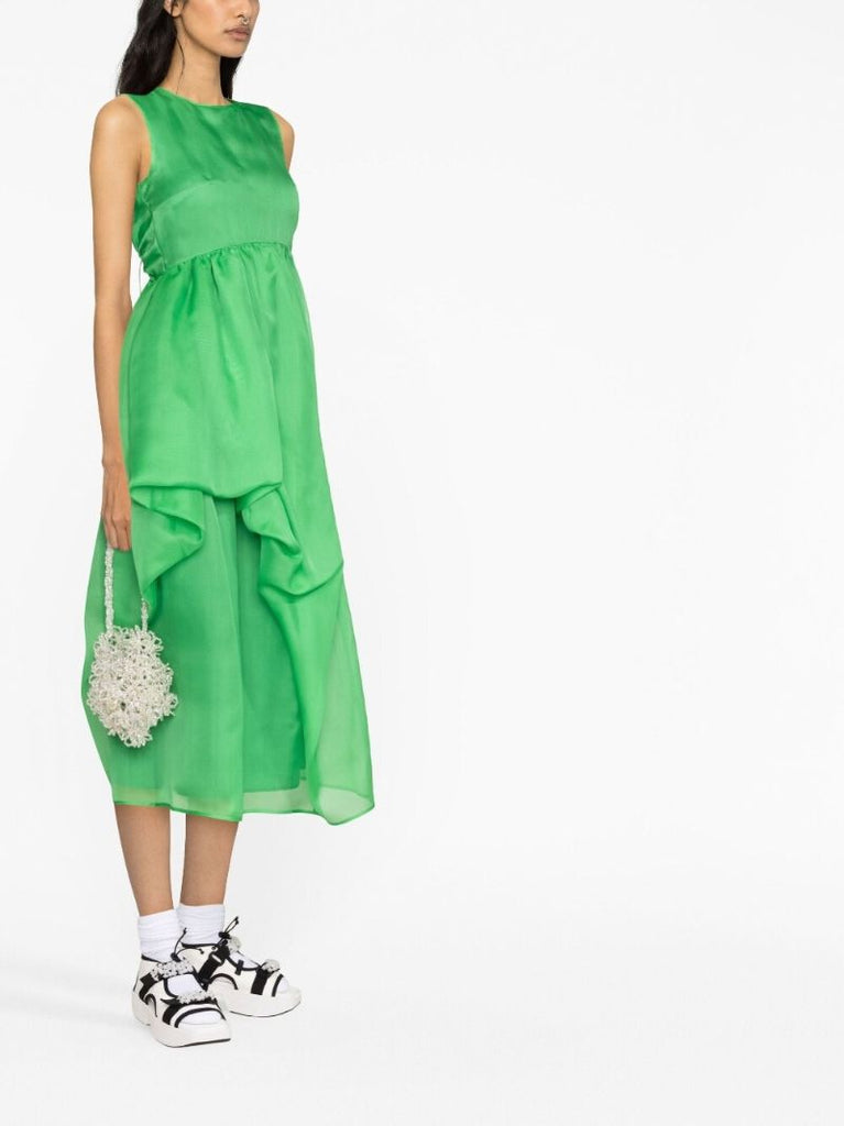 Green Fang Draped Silk Midi Dress