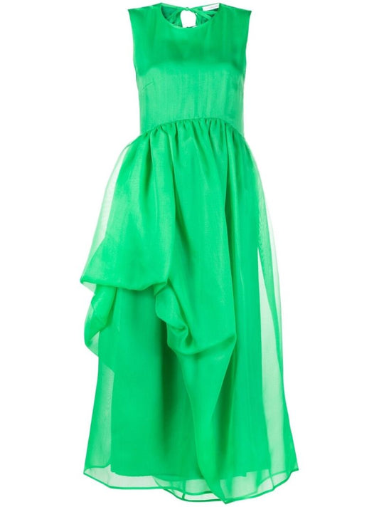 Green Fang Draped Silk Midi Dress