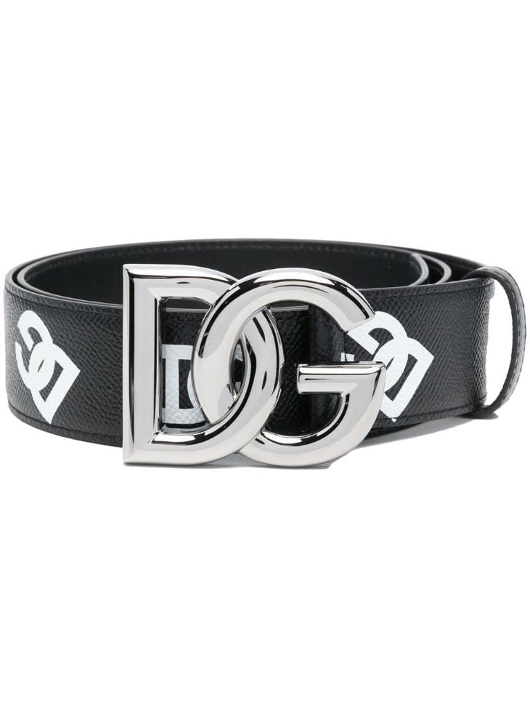 Black Logo Print Leather Belt