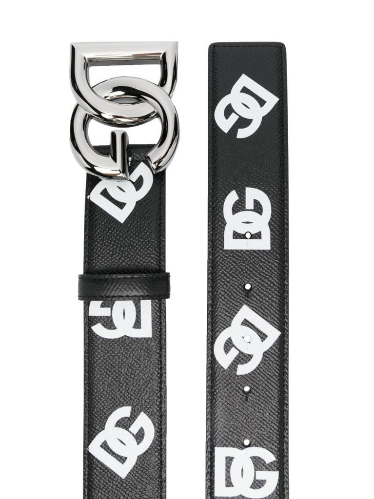 Black Logo Print Leather Belt