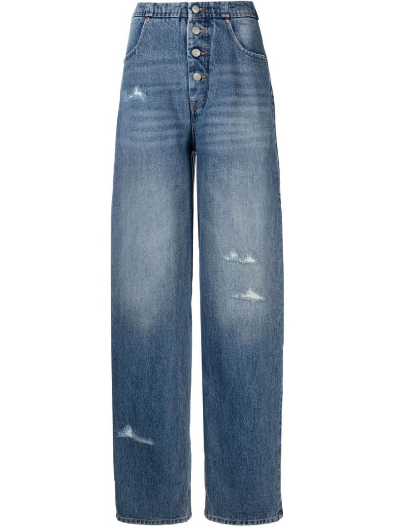 Blue Distressed Wide Leg Jeans