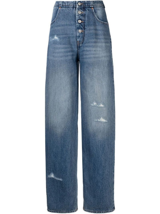 Blue Distressed Wide Leg Jeans