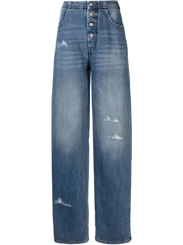 Blue Distressed Wide Leg Jeans