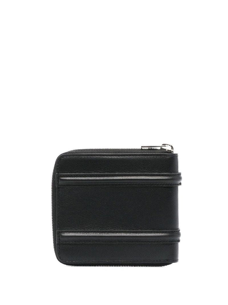 Black Piped Zip-up Leather Bifold Wallet