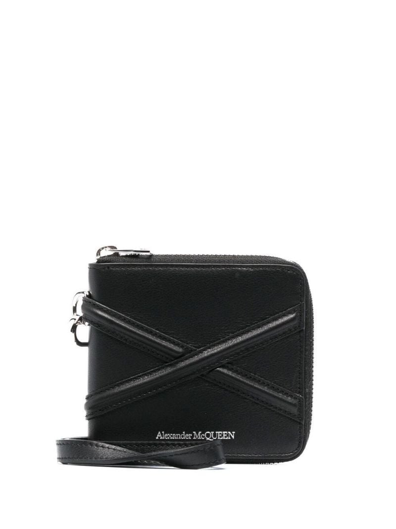 Black Piped Zip-up Leather Bifold Wallet
