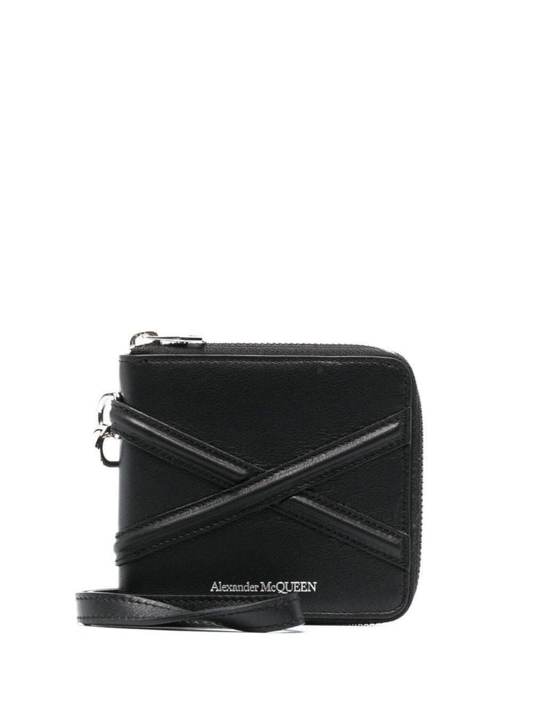 Black Piped Zip-up Leather Bifold Wallet