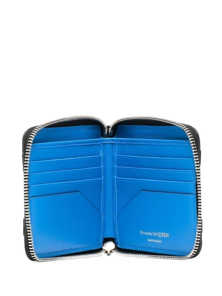 Black Piped Zip-up Leather Bifold Wallet