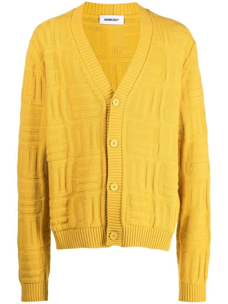 Yellow Geometric Knit V-neck Cardigan