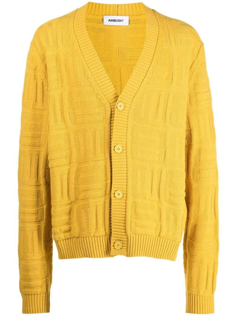 Yellow Geometric Knit V-neck Cardigan