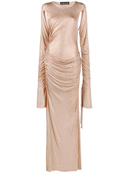 Neutral Rhinestone Draped Long Dress