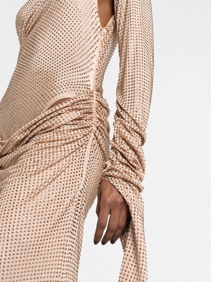 Neutral Rhinestone Draped Long Dress
