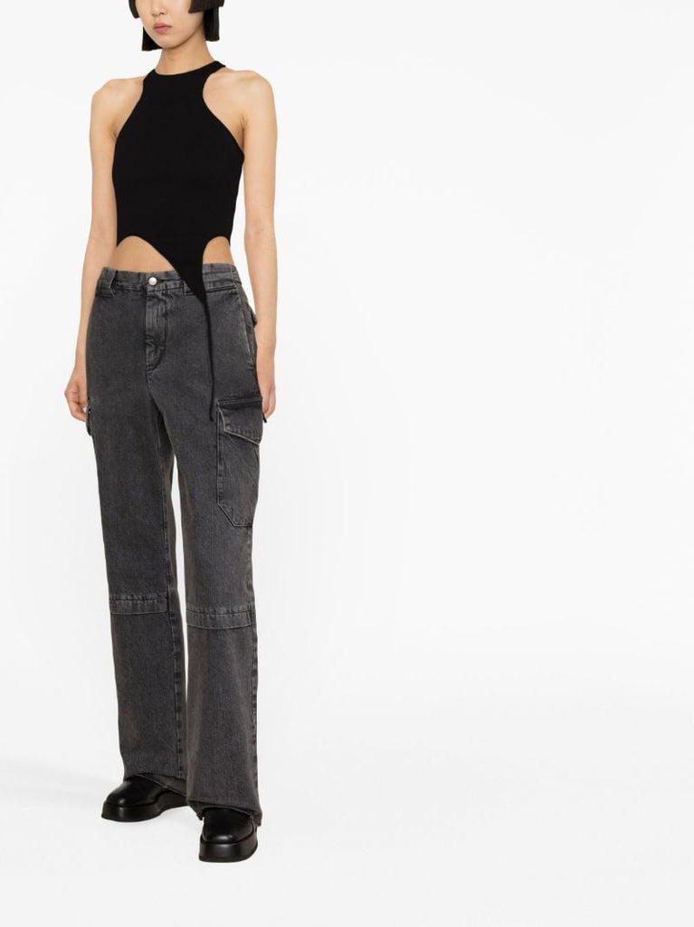 Black Ribbed-knit Asymmetric Crop Top