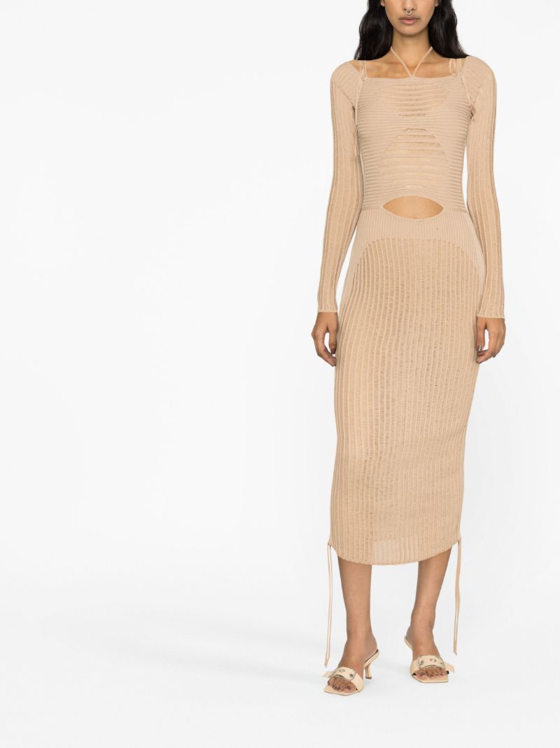 Neutral Ribbed-knit Midi Dress