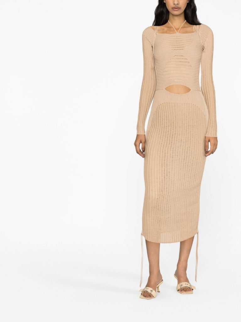 Neutral Ribbed-knit Midi Dress