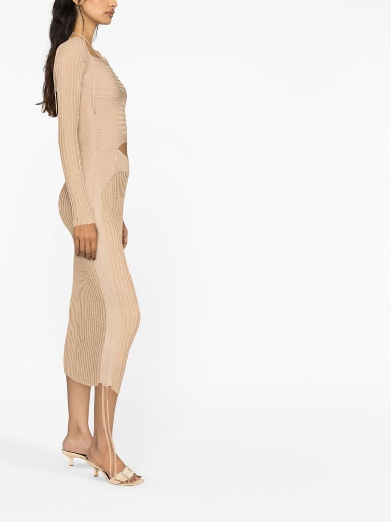 Neutral Ribbed-knit Midi Dress