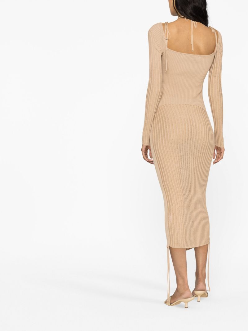Neutral Ribbed-knit Midi Dress