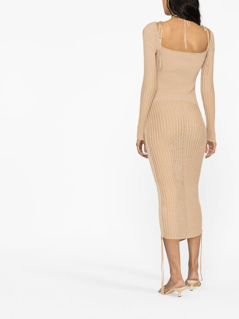 Neutral Ribbed-knit Midi Dress
