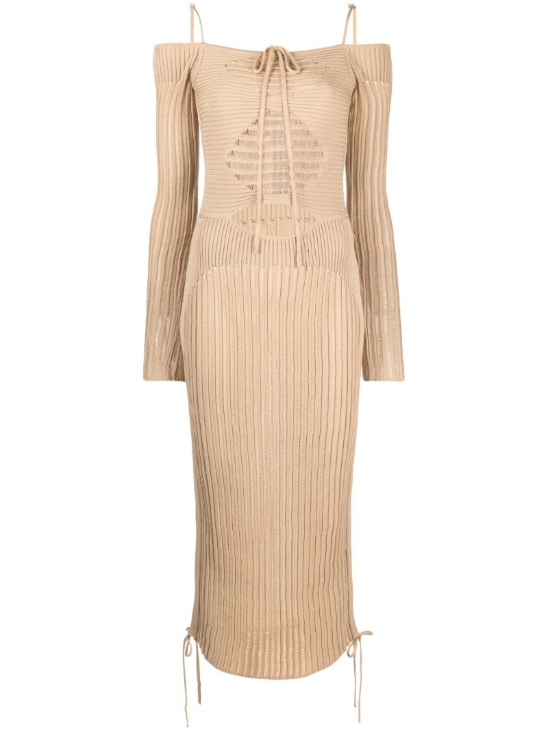 Neutral Ribbed-knit Midi Dress