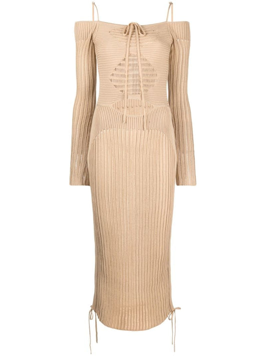 Neutral Ribbed-knit Midi Dress