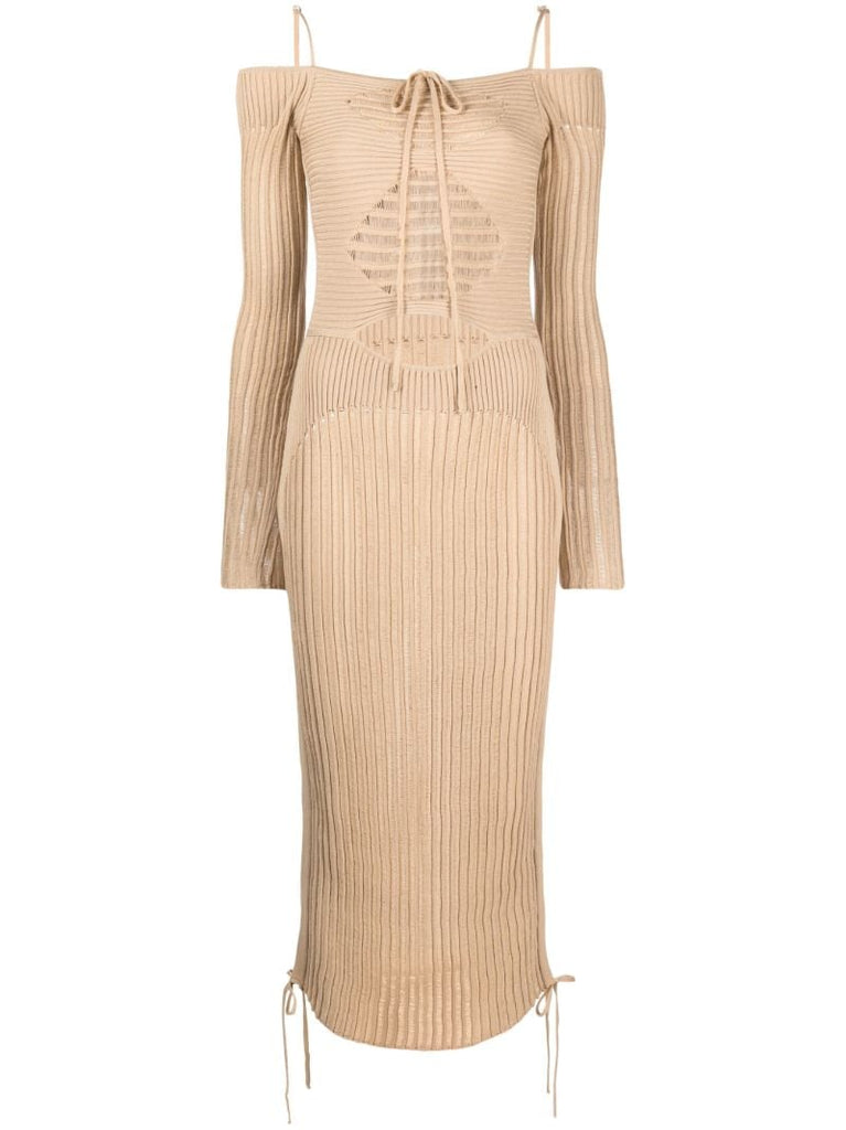 Neutral Ribbed-knit Midi Dress