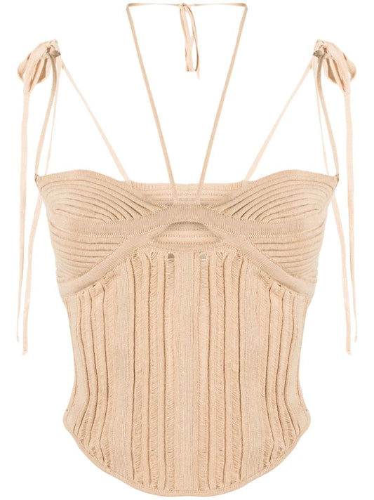 Neutral Ribbed-knit Bustier Top