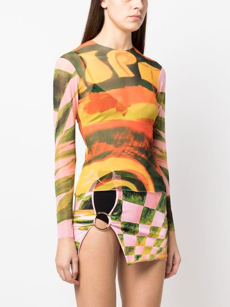Multicolour Abstract Print Mesh Top