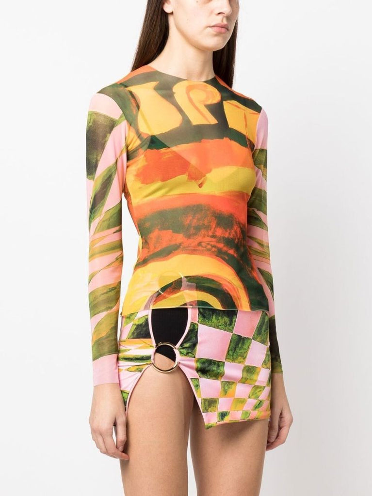 Multicolour Abstract Print Mesh Top